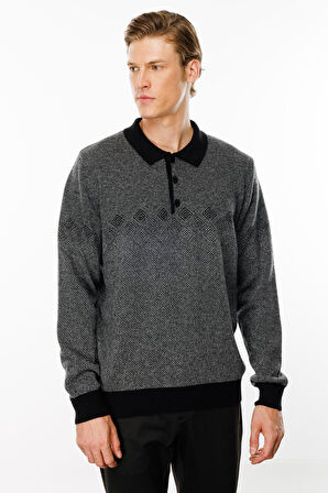 Erkek Polo Yaka Göğsü Baklava Desenli Yün Kazak Siyah