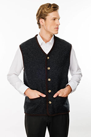 Erkek V Yaka Astarlı Saf Yün Keçe Yelek K.Füme