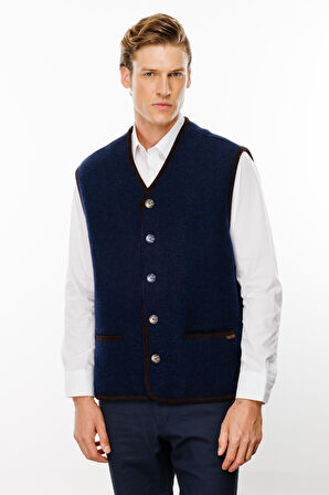 Erkek V Yaka Astarlı Saf Yün Keçe Yelek Y.A.Lacivert