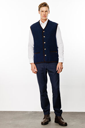 Erkek V Yaka Astarlı Saf Yün Keçe Yelek Y.A.Lacivert