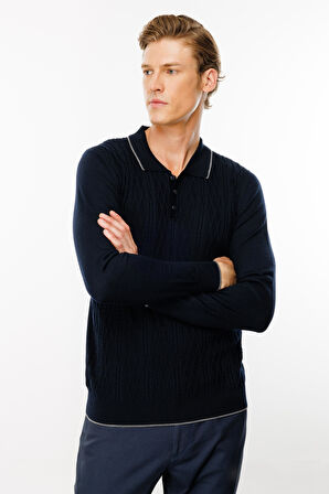 Erkek Polo Yaka Önü Baklava Örgü Kazak Lacivert