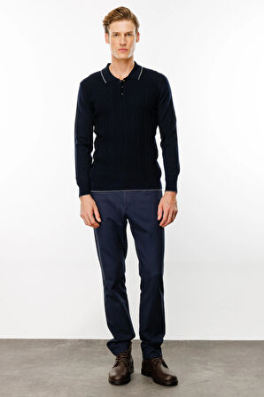 Erkek Polo Yaka Önü Baklava Örgü Kazak Lacivert