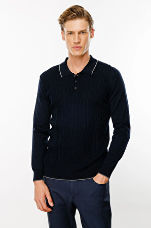 Erkek Polo Yaka Önü Baklava Örgü Kazak Lacivert