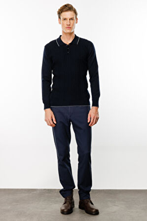 Erkek Polo Yaka Önü Baklava Örgü Kazak Lacivert