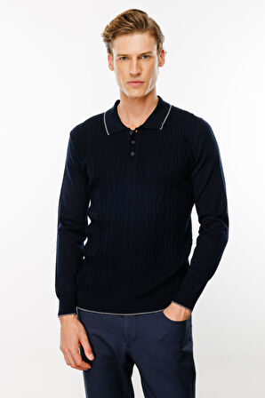 Erkek Polo Yaka Önü Baklava Örgü Kazak Lacivert