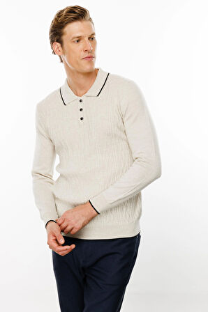 Erkek Polo Yaka Önü Baklava Örgü Kazak V.Bej