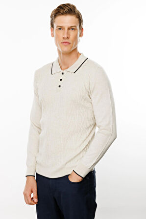 Erkek Polo Yaka Önü Baklava Örgü Kazak V.Bej