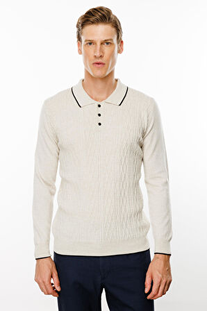 Erkek Polo Yaka Önü Baklava Örgü Kazak V.Bej