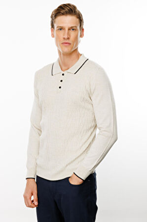 Erkek Polo Yaka Önü Baklava Örgü Kazak V.Bej