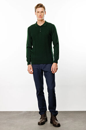 Erkek Polo Yaka Önü Baklava Örgü Kazak A.Yeşil