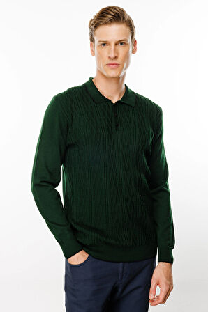 Erkek Polo Yaka Önü Baklava Örgü Kazak A.Yeşil