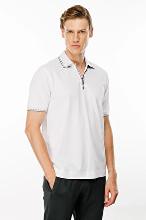 Erkek Polo Yaka Yakası Fermuarlı T-shirt Beyaz