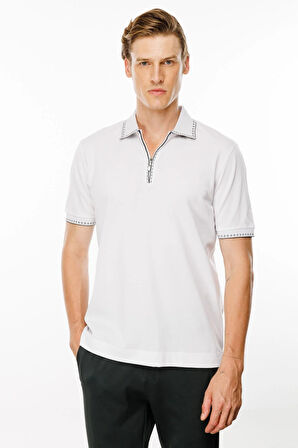 Erkek Polo Yaka Yakası Fermuarlı T-shirt Beyaz