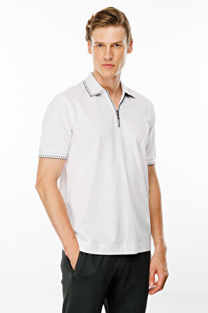 Erkek Polo Yaka Yakası Fermuarlı T-shirt Beyaz