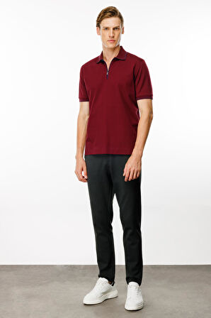 Erkek Polo Yaka Yakası Fermuarlı T-shirt Bordo