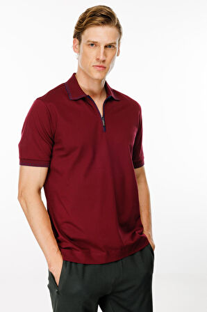 Erkek Polo Yaka Yakası Fermuarlı T-shirt Bordo