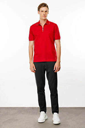 Erkek Polo Yaka Yakası Fermuarlı T-shirt Kırmızı