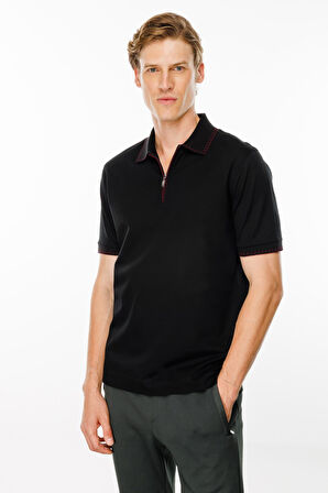 Erkek Polo Yaka Yakası Fermuarlı T-shirt Siyah