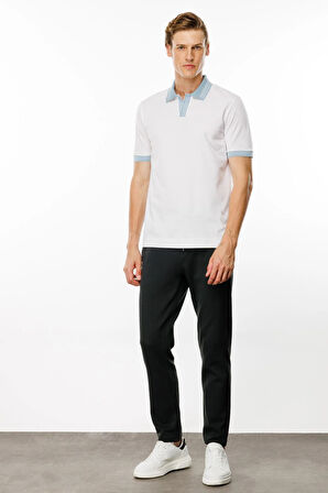 Erkek Polo Yaka Kolu ve Yakası Çizgili T-shirt Beyaz