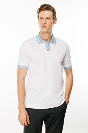 Erkek Polo Yaka Kolu ve Yakası Çizgili T-shirt Beyaz