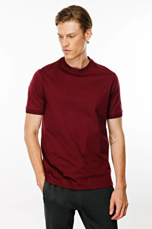 Erkek Sıfır Yaka Basic Pamuklu T-shirt Bordo