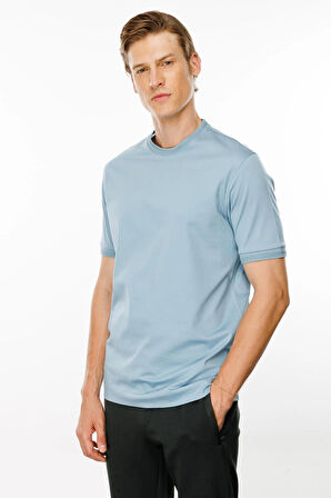 Erkek Sıfır Yaka Basic Pamuklu T-shirt Mavi