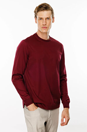 Erkek Sıfır Yaka Basic Uzun Kollu Pamuklu T-shirt Bordo