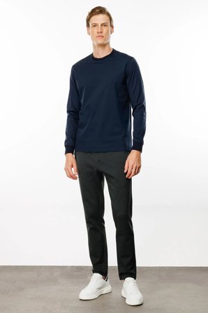 Erkek Sıfır Yaka Basic Uzun Kollu Pamuklu T-shirt Lacivert