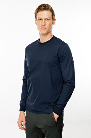 Erkek Sıfır Yaka Basic Uzun Kollu Pamuklu T-shirt Lacivert