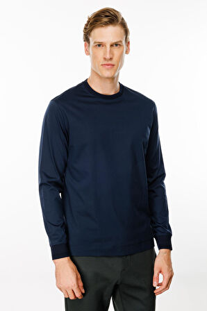 Erkek Sıfır Yaka Basic Uzun Kollu Pamuklu T-shirt Lacivert