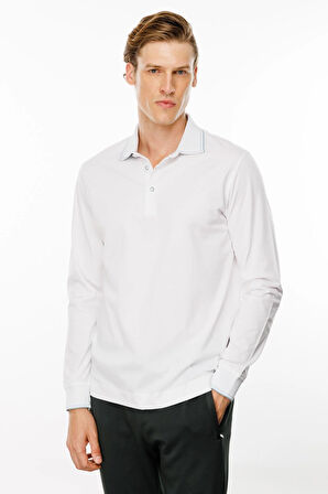 Erkek Polo Yaka Uzun Kollu Sweatshirt Beyaz