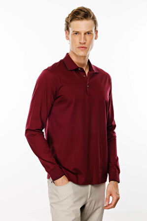 Erkek Polo Yaka Uzun Kollu Sweatshirt Bordo