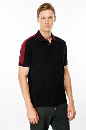 Erkek Polo Yaka Omuzu Şeritli T-shirt Siyah
