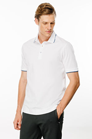 Erkek Polo Yaka Yakası Çizgili T-shirt Beyaz