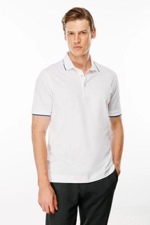 Erkek Polo Yaka Yakası Çizgili T-shirt Beyaz