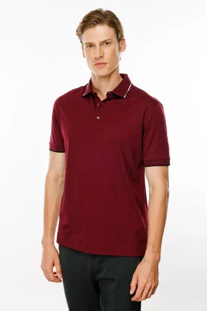 Erkek Polo Yaka Yakası Çizgili T-shirt Bordo