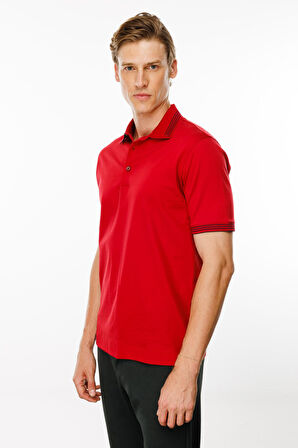 Erkek Polo Yaka Yakası Şerit Desenli T-shirt Kırmızı
