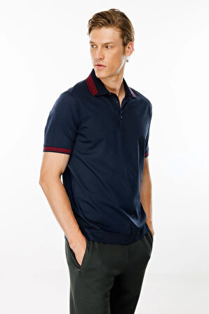 Erkek Polo Yaka Yakası Şerit Desenli T-shirt Lacivert