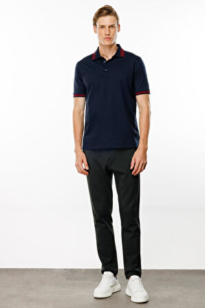 Erkek Polo Yaka Yakası Şerit Desenli T-shirt Lacivert