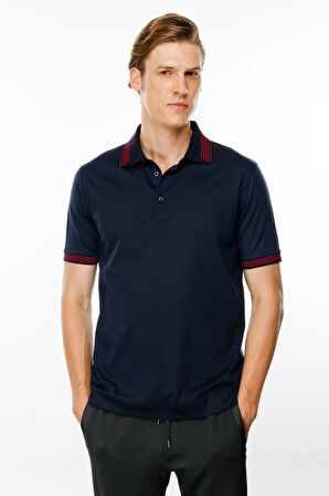 Erkek Polo Yaka Yakası Şerit Desenli T-shirt Lacivert