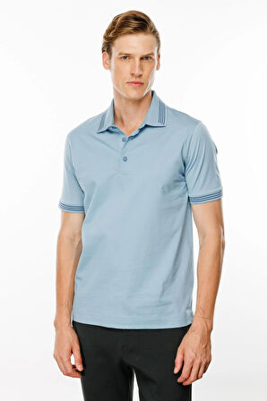 Erkek Polo Yaka Yakası Şerit Desenli T-shirt Mavi