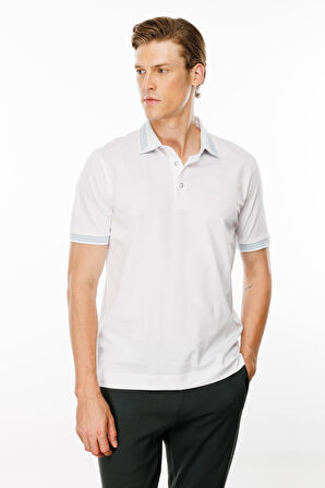 Erkek Polo Yaka Yakası Şerit Desenli T-shirt Beyaz