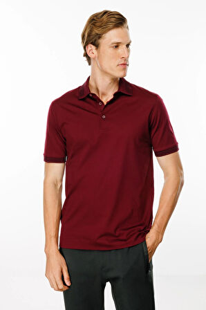 Erkek Polo Yaka Yakası Şerit Desenli T-shirt Bordo