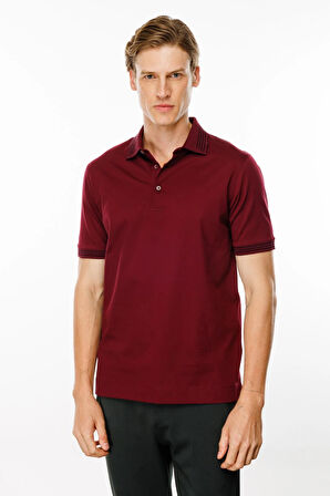 Erkek Polo Yaka Yakası Şerit Desenli T-shirt Bordo