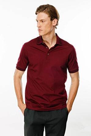 Erkek Polo Yaka Yakası Şerit Desenli T-shirt Bordo