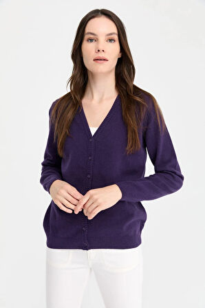 Kadın V Yaka Hırka Yün K.Mor