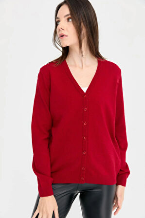 Kadın V Yaka Hırka Yün K.Kırmızı