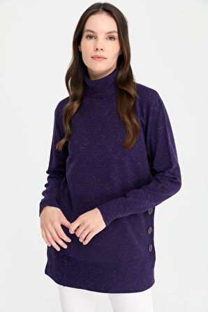 Kadın Tam Balıkçı Yaka Dikişsiz Kazak K.Mor