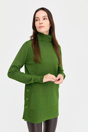 Kadın Tam Balıkçı Yaka Dikişsiz Kazak K.Yosun