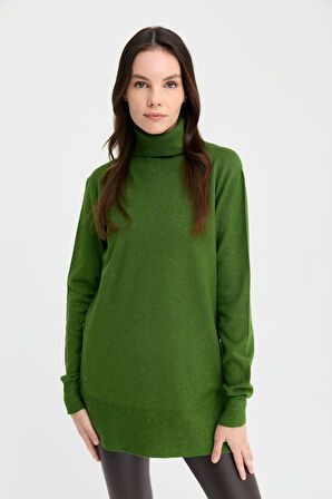 Kadın Tam Balıkçı Yaka Dikişsiz Kazak K.Yosun